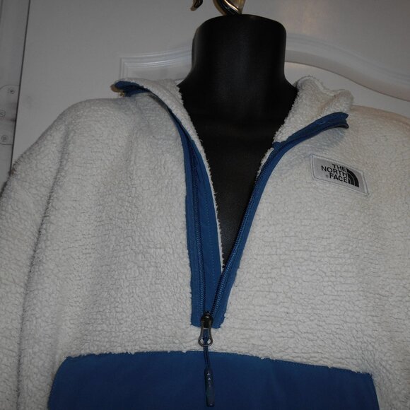 THE NORTH FACE SHERPA ZIPPER POCKET HOODIE PULLOVER JACKET BEIGE BLUE MENS XL - Picture 5 of 12